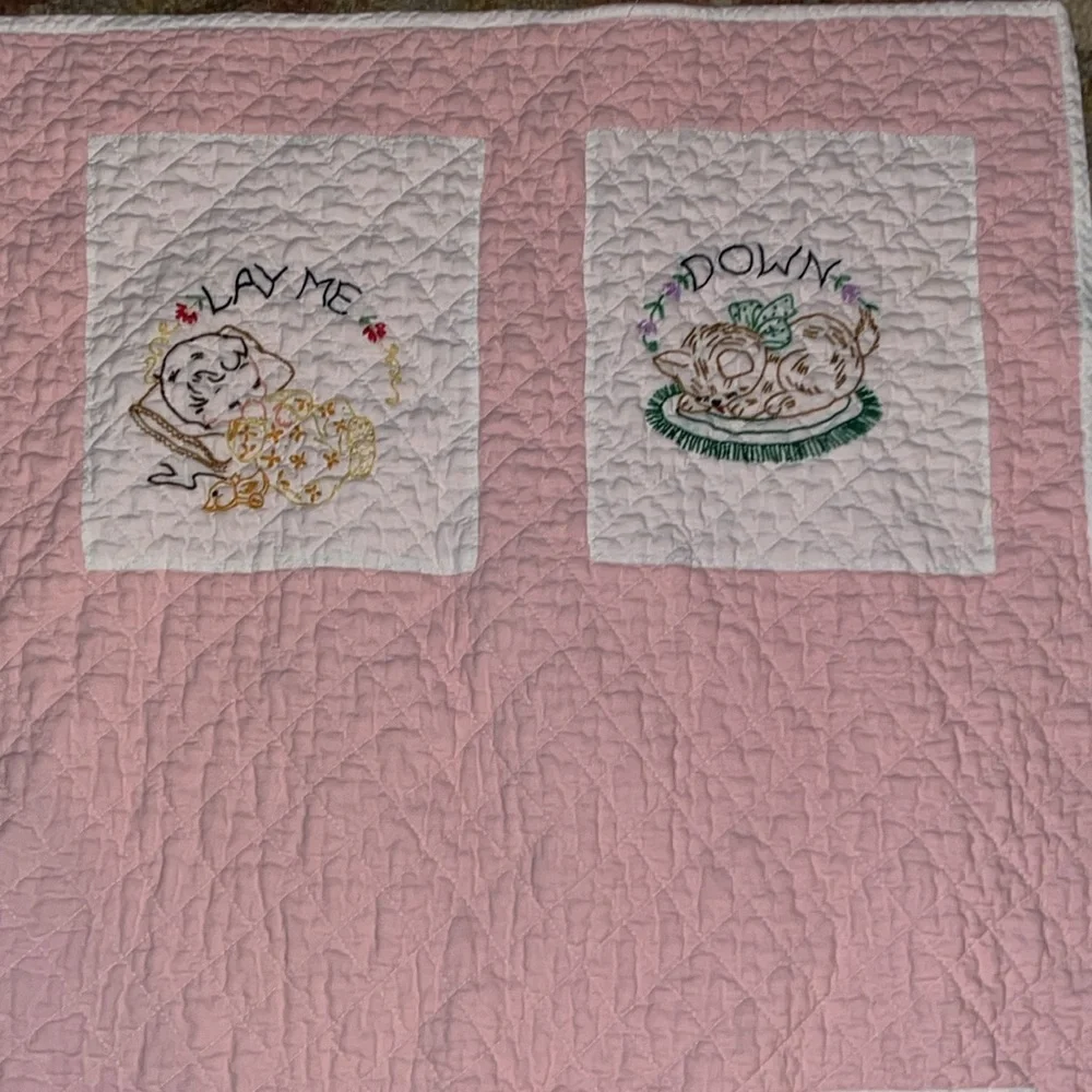 Pink Embroidered Baby Quilt handmade 50” x 32”